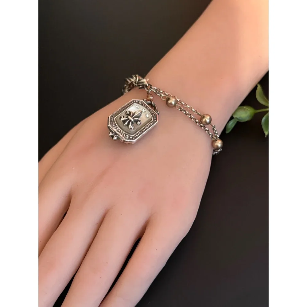 Brighton Fleur-de-Lis Mother of Pearl Heart Charm Pearl Double Strand Bracelet